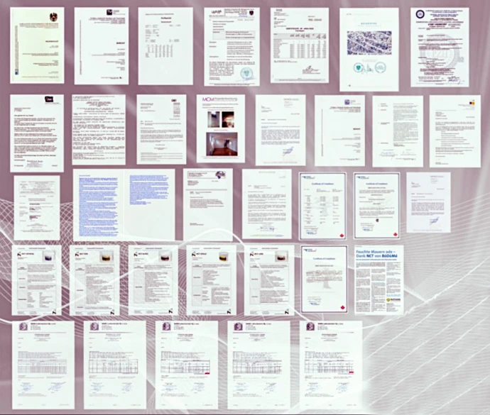 Certyfikaty produktów NCT do osuszania i hydroizolacji przegród budowlanych.