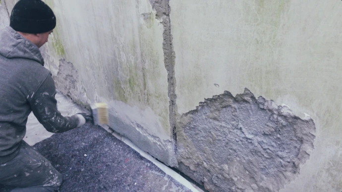 Hydroizolacja mineralna od zewnętrznej strony muru.
